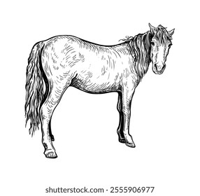 Hand drawn black and white sketch of Horse. Farm animal. Horse is a symbol of the 2026 Chinese New Year. Holiday vector illustration of Zodiac Sign for greeting card, flyer, banner, calendar