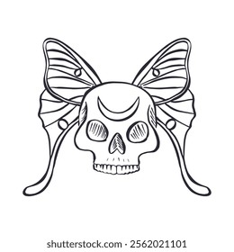 Hand drawn black and white sketch of human skull with luna moth wings isolated on white background. Monochrome Bohemian skeleton head with butterfly design