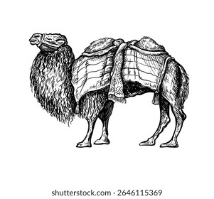 Um esboço preto e branco desenhado à mão de um camelo de pé com duas corcovas. Ilustração vetorial do camelo bactriano é nativo para as estepes da Ásia Central que permitiu a viagem de caravanas na Rota da Seda