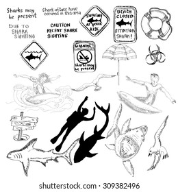 Hand drawn black and white sketch set with sharks and surfers.