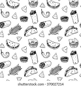 Hand drawn black and white sketch Mexican food seamless background.