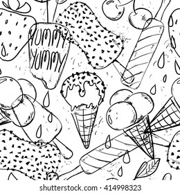 Hand drawn black and white sketch seamless pattern of ice cream. Funny cartoon ice cream background.