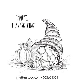 Hand drawn, Black and white sketch of cornucopia full of seasonal vegetables and fruits for Happy Thanksgiving Day.