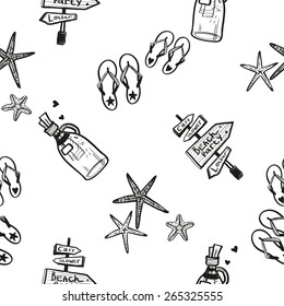 Hand drawn black and white sketched flip-flop, bottle, starfish decoration items. Set of isolated sea summer exotic beach party wedding decorative elements. Black outline sketch on white background