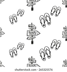 Hand drawn black and white sketched flip-flop and direction decoration items. Set of isolated sea summer exotic beach party wedding decorative elements. Black outline sketch on white background