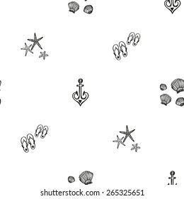 Hand drawn black and white sketched flip-flop, anchor, starfish, shell decoration items. Set of isolated sea summer exotic beach wedding decorative elements. Black outline sketch on white background