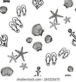Hand drawn black and white sketched flip-flop, anchor, starfish, shell decoration items. Set of isolated sea summer exotic beach wedding decorative elements. Black outline sketch on white background