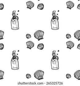 Hand drawn black and white sketched bottle and seashell decoration items. Set of isolated sea summer exotic beach party wedding decorative symbols and elements. Black outline sketch, white background