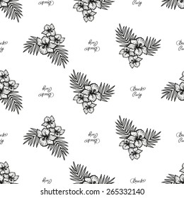Hand drawn black and white sketched flower and beach decoration items. Set of isolated sea summer exotic beach party wedding decorative symbols and elements. Black outline sketch on white background