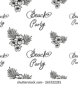 Hand drawn black and white sketched flower and beach decoration items. Set of isolated sea summer exotic beach party wedding decorative symbols and elements. Black outline sketch on white background