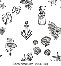 Hand drawn black and white sketched flower, flip-flop, anchor, star, shell decoration items. Set of isolated sea summer beach party wedding decorative elements. Black outline sketch, white background