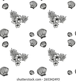 Hand drawn black and white sketched flower and seashell decoration items. Set of isolated sea summer exotic beach party wedding decorative symbols and elements. Black outline sketch, white background