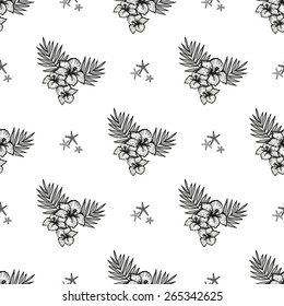 Hand drawn black and white sketched flower and starfish decoration items. Set of isolated sea summer exotic beach party wedding decorative symbols and elements. Black outline sketch, white background