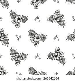 Hand drawn black and white sketched flower and starfish decoration items. Set of isolated sea summer exotic beach party wedding decorative symbols and elements. Black outline sketch, white background