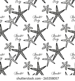 Hand drawn black and white sketched starfish and beach decoration items. Set of isolated sea summer exotic beach party wedding decorative symbols and elements. Black outline sketch on white background