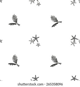 Hand drawn black and white sketched palm and starfish decoration items. Set of isolated sea summer exotic beach party wedding decorative symbols and elements. Black outline sketch on white background