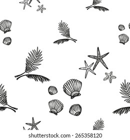 Hand drawn black and white sketched palm, star, shell decoration items. Set of isolated sea summer exotic beach party wedding decorative symbols and elements. Black outline sketch on white background