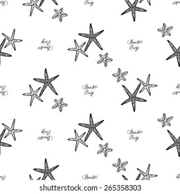 Hand drawn black and white sketched starfish and beach decoration items. Set of isolated sea summer exotic beach party wedding decorative symbols and elements. Black outline sketch on white background
