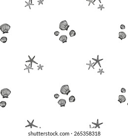 Hand drawn black and white sketched starfish and shell decoration items. Set of isolated sea summer exotic beach party wedding decorative symbols and elements. Black outline sketch on white background
