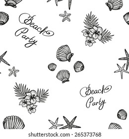 Hand drawn black and white sketched flower, starfish, shell, beach decoration items. Set of isolated sea summer exotic beach party wedding decorative elements. Black outline sketch on white background