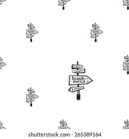 Hand drawn black and white sketched direction decoration items. Set of isolated sea summer exotic beach party wedding decorative symbols and elements. Black outline sketch on white background