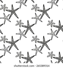 Hand drawn black and white sketched starfish decoration items. Set of isolated sea summer exotic beach party wedding decorative symbols and elements. Black outline sketch on white background