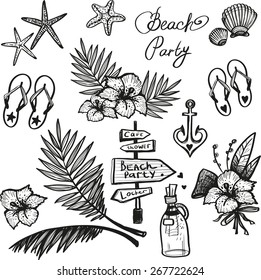 Hand drawn black and white sketched flower, flip-flop, anchor, star, shell decoration items. Set of isolated sea summer beach party wedding decorative elements. Black outline sketch, white background