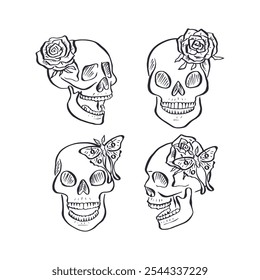 Hand drawn black and white sketchy floral human skull isolated on white background. Doodle skeleton head with rose flower and luna moth tattoo design.