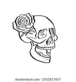 Hand drawn black and white sketchy floral human skull isolated on white background. Doodle skeleton head with rose flower tattoo design.