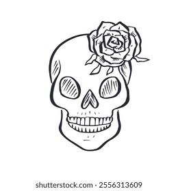 Hand drawn black and white sketchy floral human skull isolated on white background. Doodle skeleton head with rose flower tattoo design.