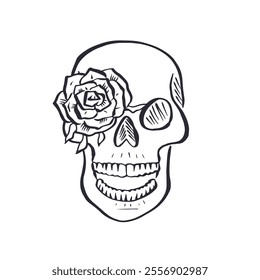 Hand drawn black and white sketchy floral human skull isolated on white background. Doodle skeleton head with rose flower tattoo design.