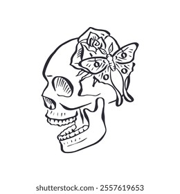 Hand drawn black and white sketchy floral human skull isolated on white background. Doodle skeleton head with rose flower and luna moth tattoo design.