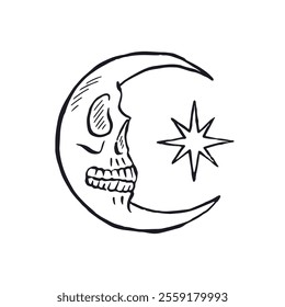 Hand drawn black and white sketchy crescent moon with skull face and star isolated on white background. Doodle skeleton head tattoo design