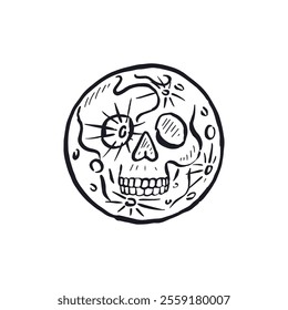 Hand drawn black and white sketchy full moon with skull face isolated on white background. Doodle skeleton head tattoo design