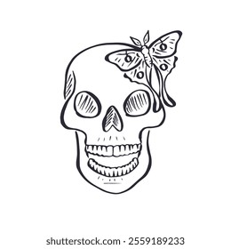 Hand drawn black and white sketchy floral human skull isolated on white background. Doodle skeleton head with rose flower and luna moth tattoo design.