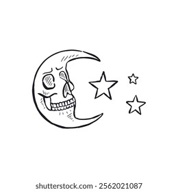 Hand drawn black and white sketchy crescent moon with skull face and star isolated on white background. Doodle skeleton head tattoo design