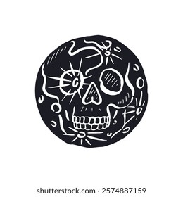 Hand drawn black and white sketchy full moon with skull face isolated on white background. Doodle skeleton head tattoo design