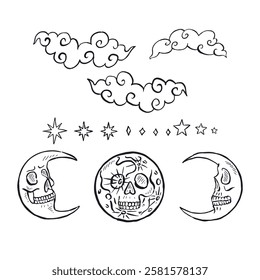 Hand drawn black and white sketchy moons with skull face set isolated on white background. Doodle skeleton heads tattoo design