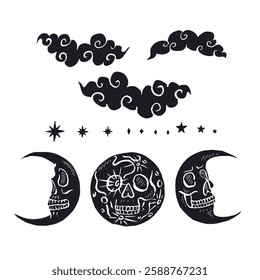 Hand drawn black and white sketchy moons with skull face set isolated on white background. Doodle skeleton heads tattoo design