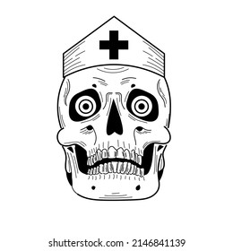 Hand drawn black and white skull of a nurse or a doctor. Flat, cartoon, comics style with black solid outline.