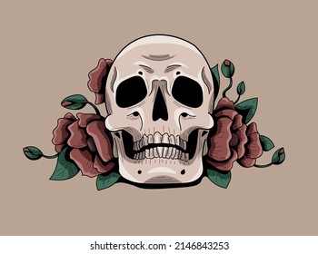 Hand drawn black and white skull with vibrant red poppy flowers. Flat, cartoon, comics style with black solid outline.