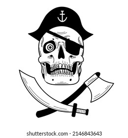 La mano dibujó el cráneo blanco y negro de un pirata con un hacha y una espada. Plano, dibujos animados, estilo de historietas con un contorno de soldado negro.