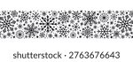 Hand drawn black white snowflake seamless border pattern. Winter holiday vector border with intricate snowflakes for Christmas cards, invitations, wrapping paper and festive decorations.