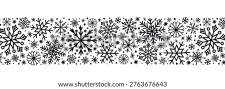Hand drawn black white snowflake seamless border pattern. Winter holiday vector border with intricate snowflakes for Christmas cards, invitations, wrapping paper and festive decorations.