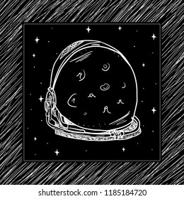 Hand Drawn Black and White space helmet Doodle card. Illustrations Drawing Vector Sketch for textile, print, postcard, text, invitation, poster, background, book, t-shirt, wallpaper