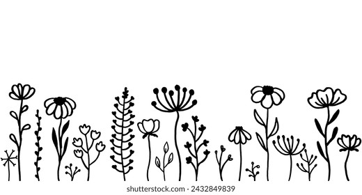 Flores De Primavera En Blanco Y Negro Dibujadas A Mano Sobre Fondo Blanco. Boceto. Estilo Doodle