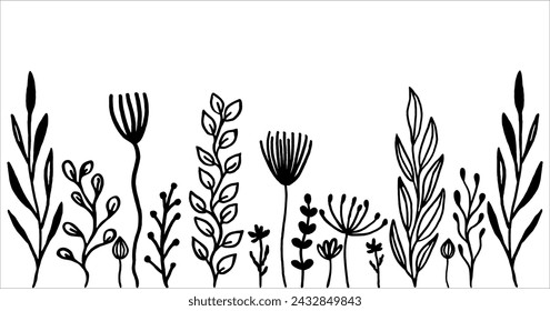Hand Drawn Black And White Spring Flowers On White Background. Sketch. Doodle style