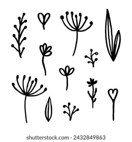 Flores De Primavera En Blanco Y Negro Dibujadas A Mano Sobre Fondo Blanco. Boceto. Estilo Doodle