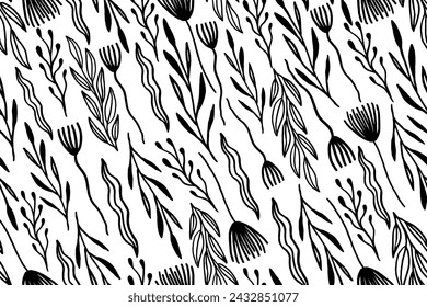 Hand Drawn Black And White Spring Flowers Pattern On White Background. Sketch. Doodle style