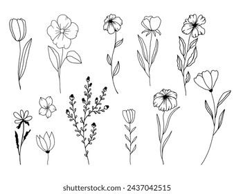 Flores De Primavera En Blanco Y Negro Dibujadas A Mano Sobre Fondo Blanco. Boceto. Estilo Doodle